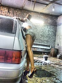 Babes: cute young car wash girl in short jeans