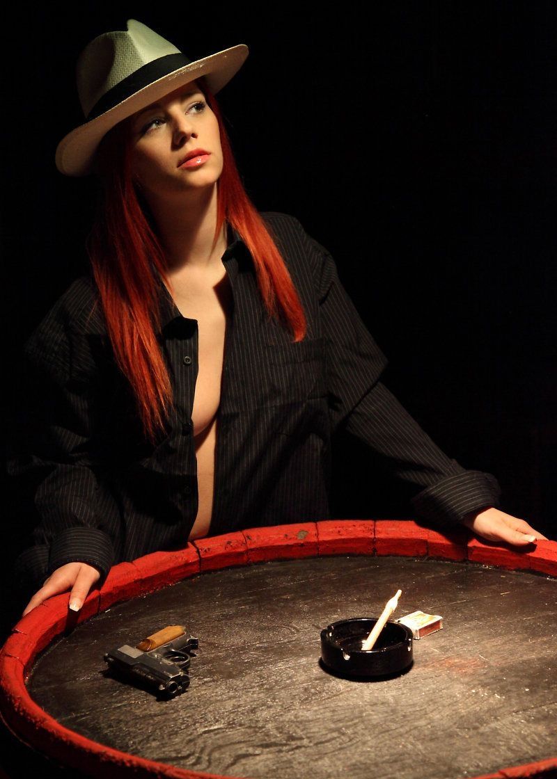 red haired girl in gangster style