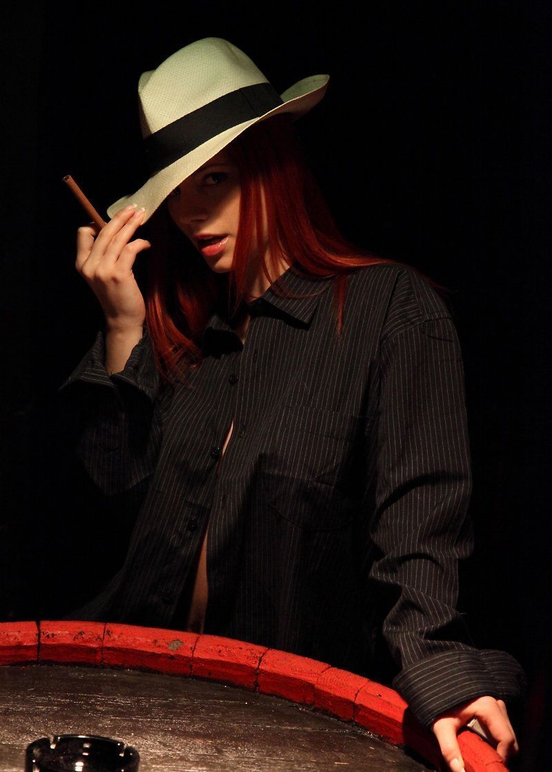 red haired girl in gangster style