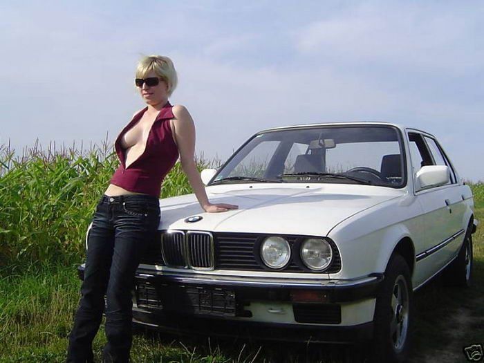 blonde girl selling her old bmw car on ebay