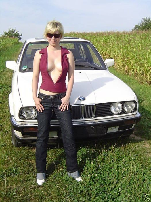 blonde girl selling her old bmw car on ebay