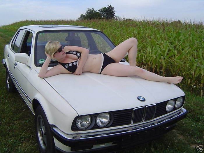 blonde girl selling her old bmw car on ebay