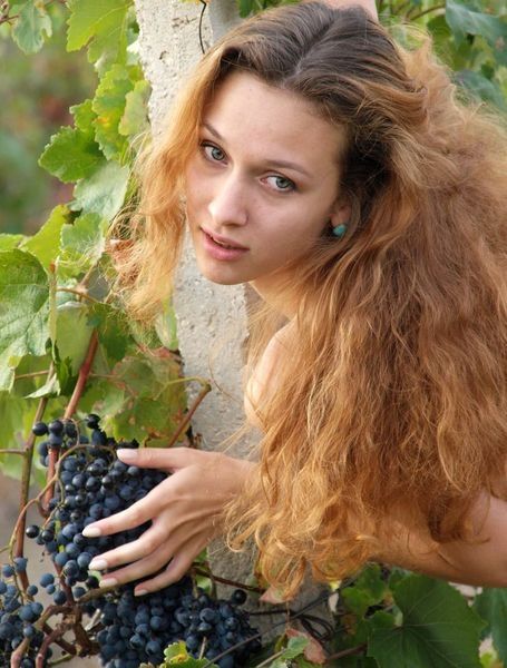 young curly red haired girl in the vineyard