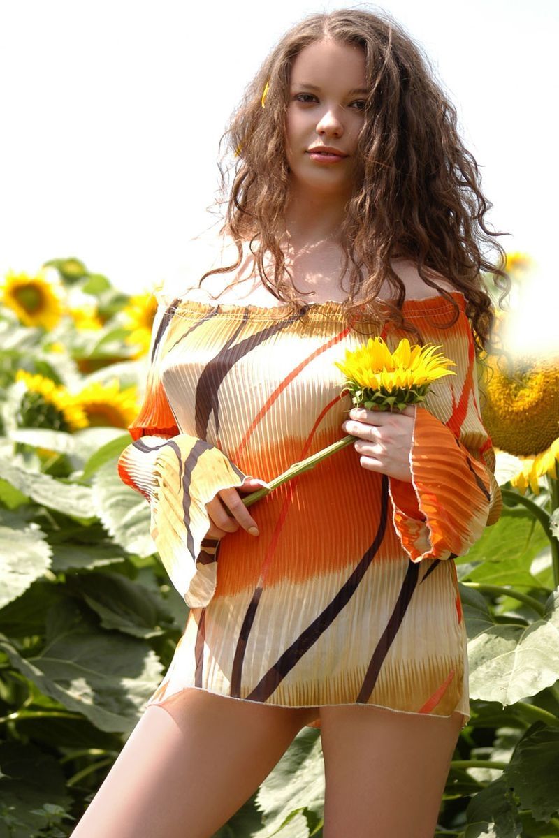 young curly brunette girl in the field of sunflowers