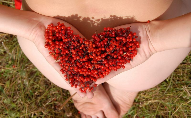 young brunette girl strips her dress near mountain-ash shrubs with red berries