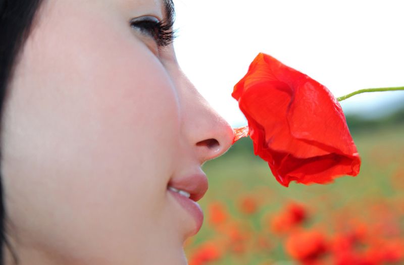 young black haired girl outside on the field with red poppies