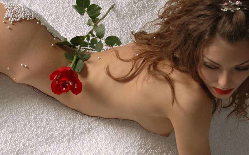 young curly brunette girl shows off with a rose flower in the studio