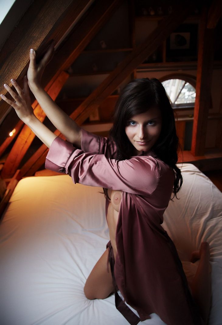 young brunette girl reveals her night robe in the bed