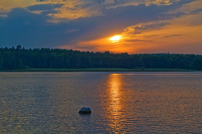 cute young golden blonde girl with blue eyes reveals on the bank of the lake during sunset