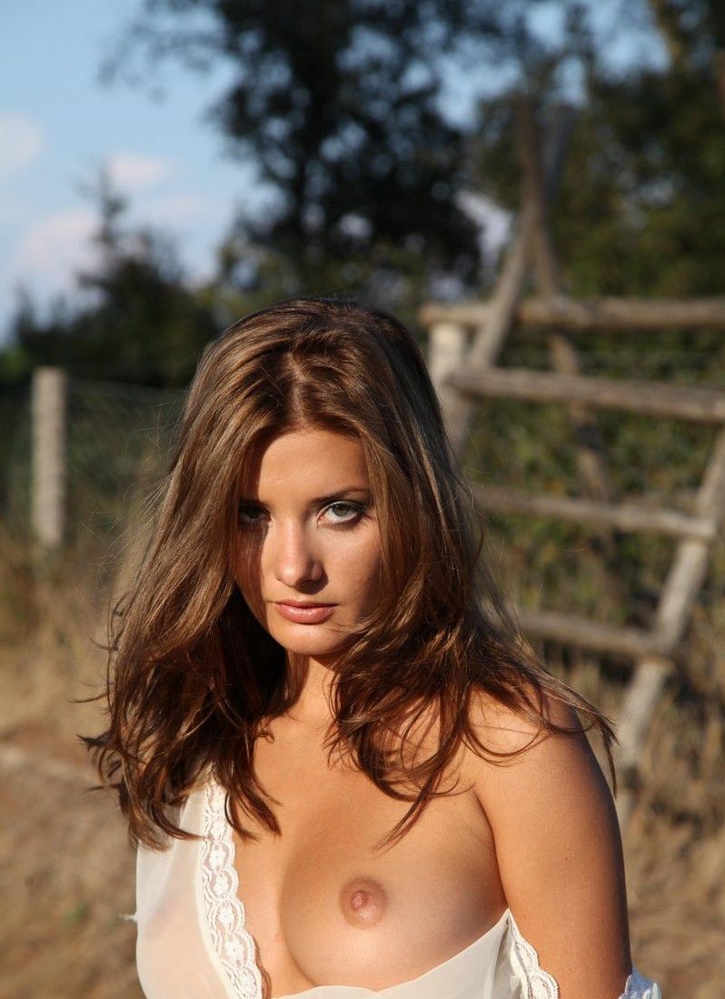 brunette girl reveals her white negligee outside at the fence with a wooden ladder