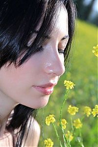 Babes: black haired girl on the field with yellow flowers