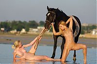 Babes: two blonde girls on the beach with a horse