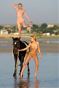 Babes: two blonde girls on the beach with a horse