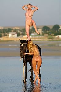 Babes: two blonde girls on the beach with a horse