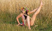 Babes: young brunette girl with a flower wreath on the wheat field