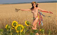 Babes: young brunette girl with a flower wreath on the wheat field