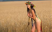 Babes: young brunette girl with a flower wreath on the wheat field