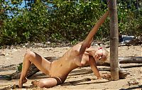 Babes: young blonde girl posing on the sandy beach with driftwood and remains of trees