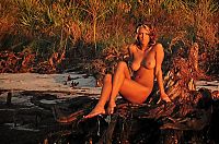 Babes: blonde girl tanned on the beach with driftwood during the sunset