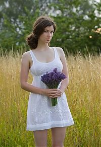 Babes: young curly brunette girl in the nature on the field of wild flowers